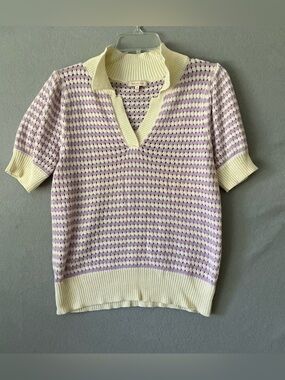Skies Are Blue Cottagecore Short Sleeve Knit Polo Sweater M Retro 70’s Mod